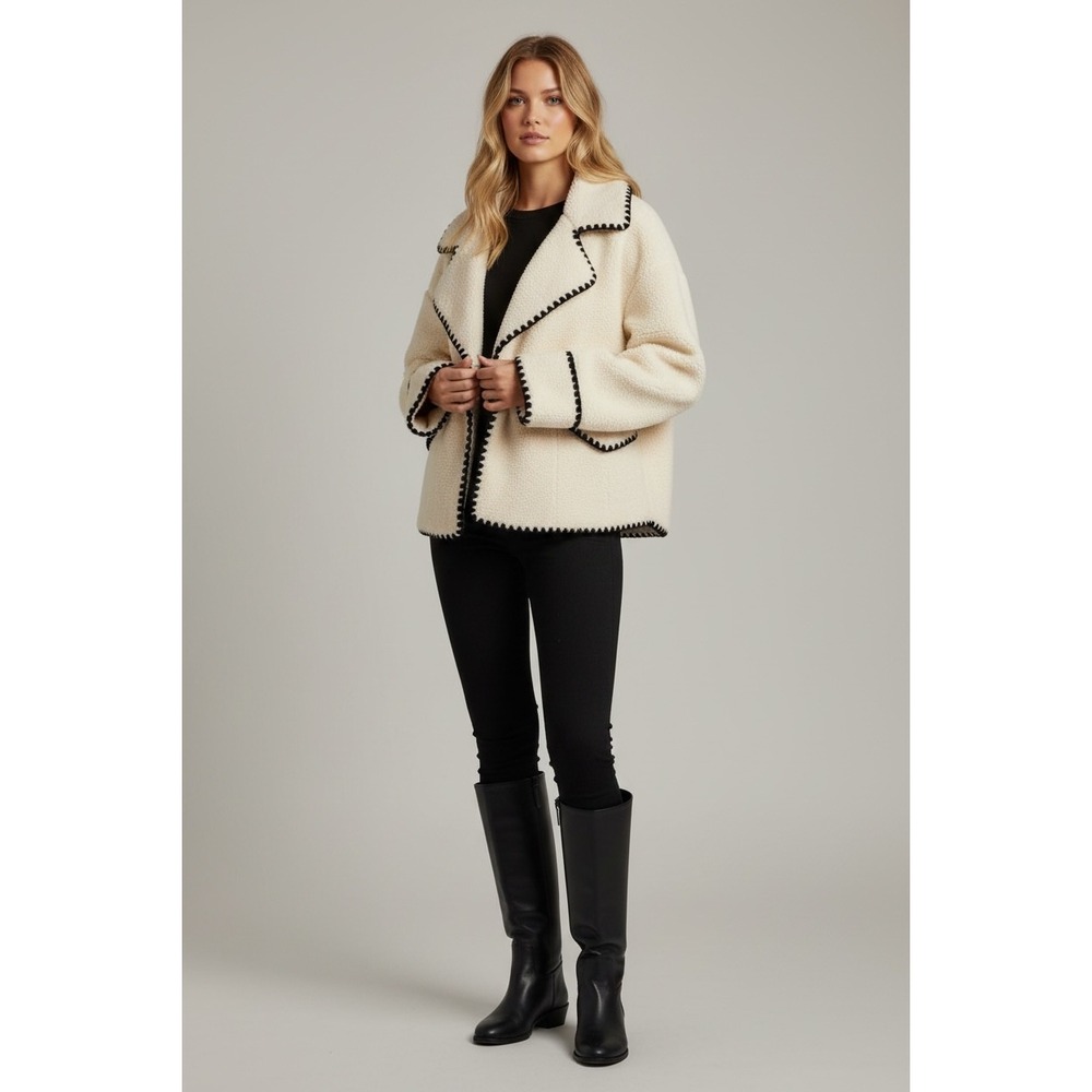 Cream Sherpa Whipstitch Jacket Plus Size XXL Beige Faux Shearling Coat